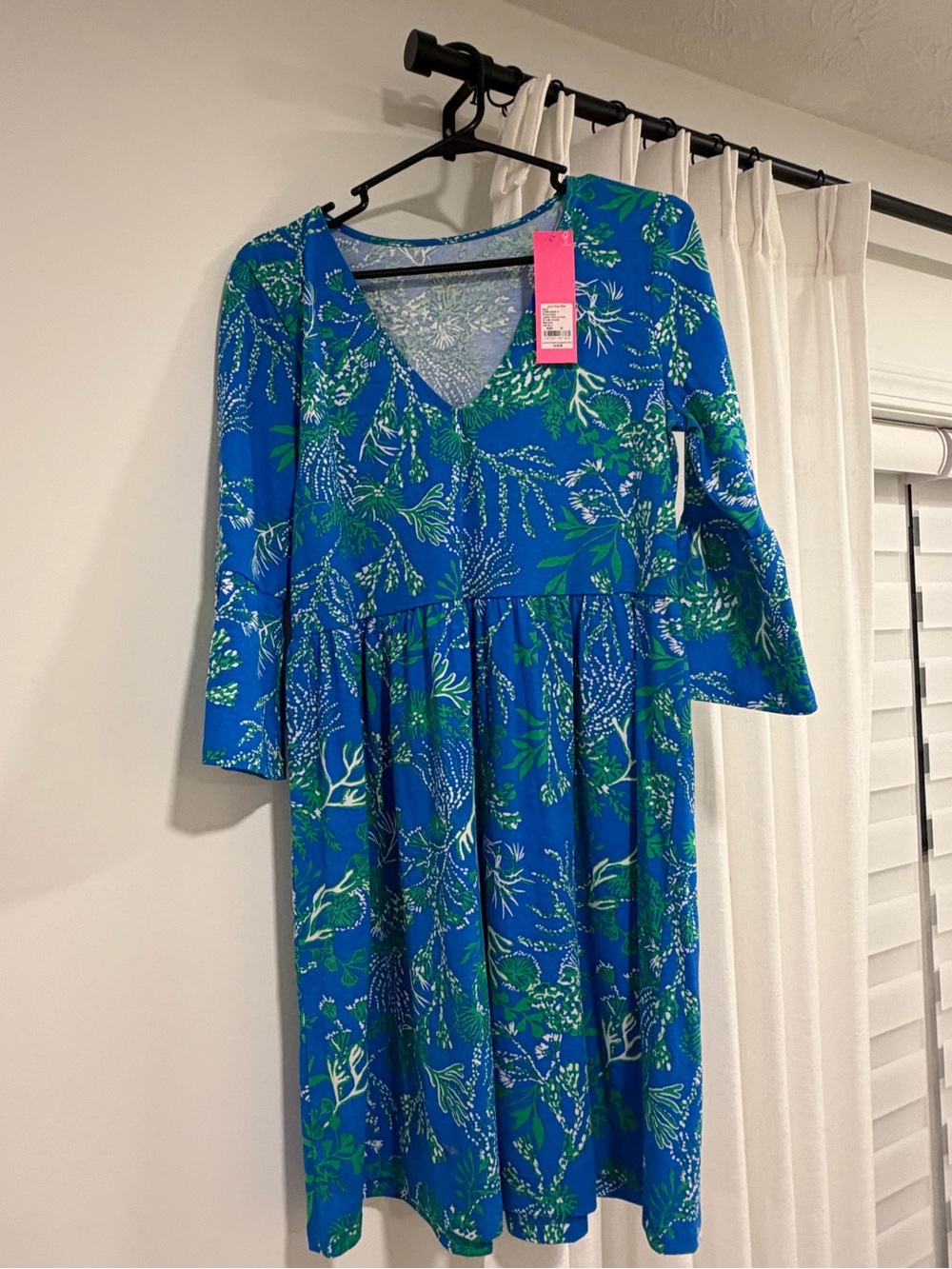 Lilly Pulitzer Briny Blue V-Neck Dress with Green & White Floral Print